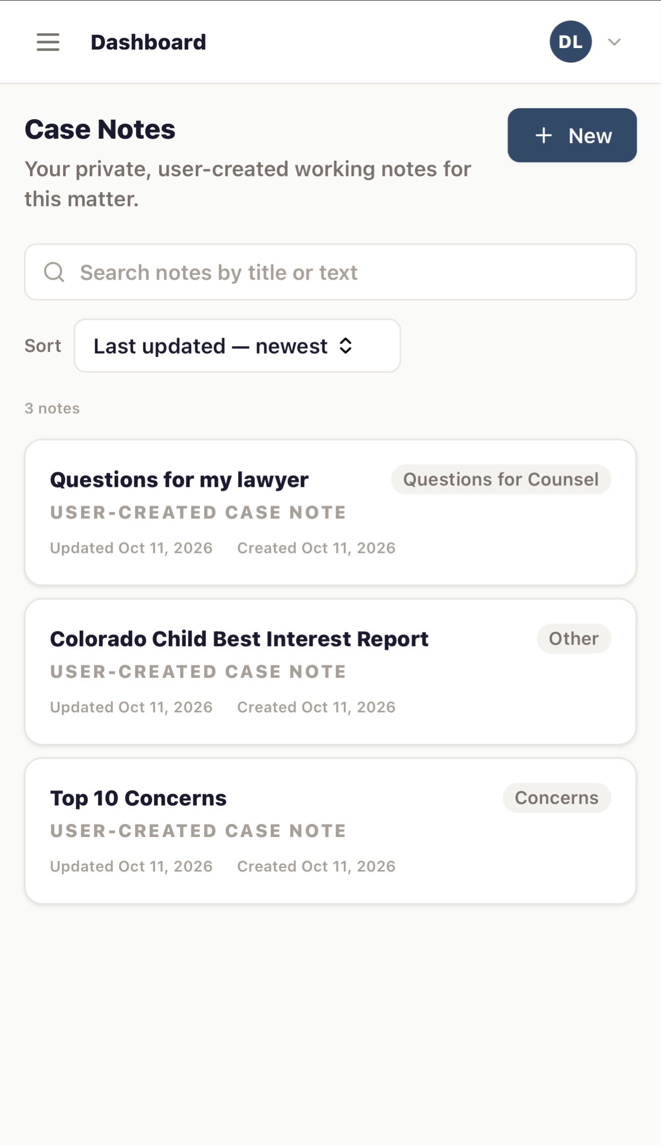 Case Notes list