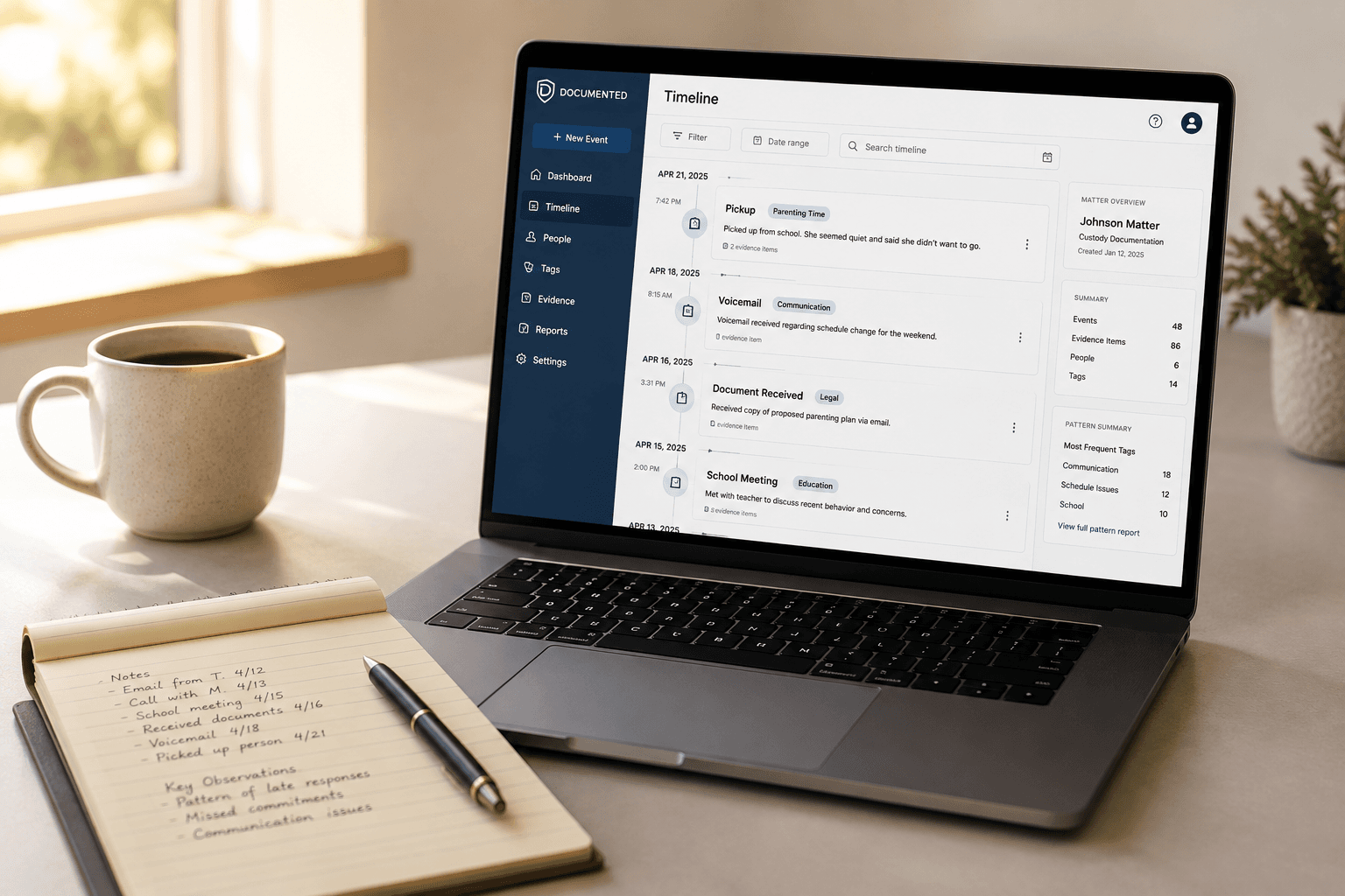 Documented app showing a custody timeline