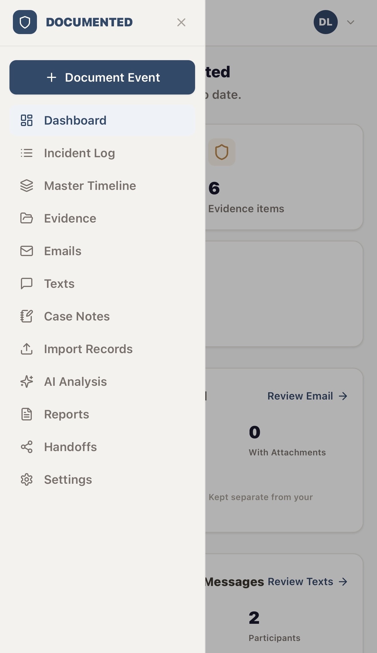 Documented app menu showing Incident Log, Master Timeline, Evidence, Emails, Texts, Case Notes, AI Analysis, Reports, and Handoffs