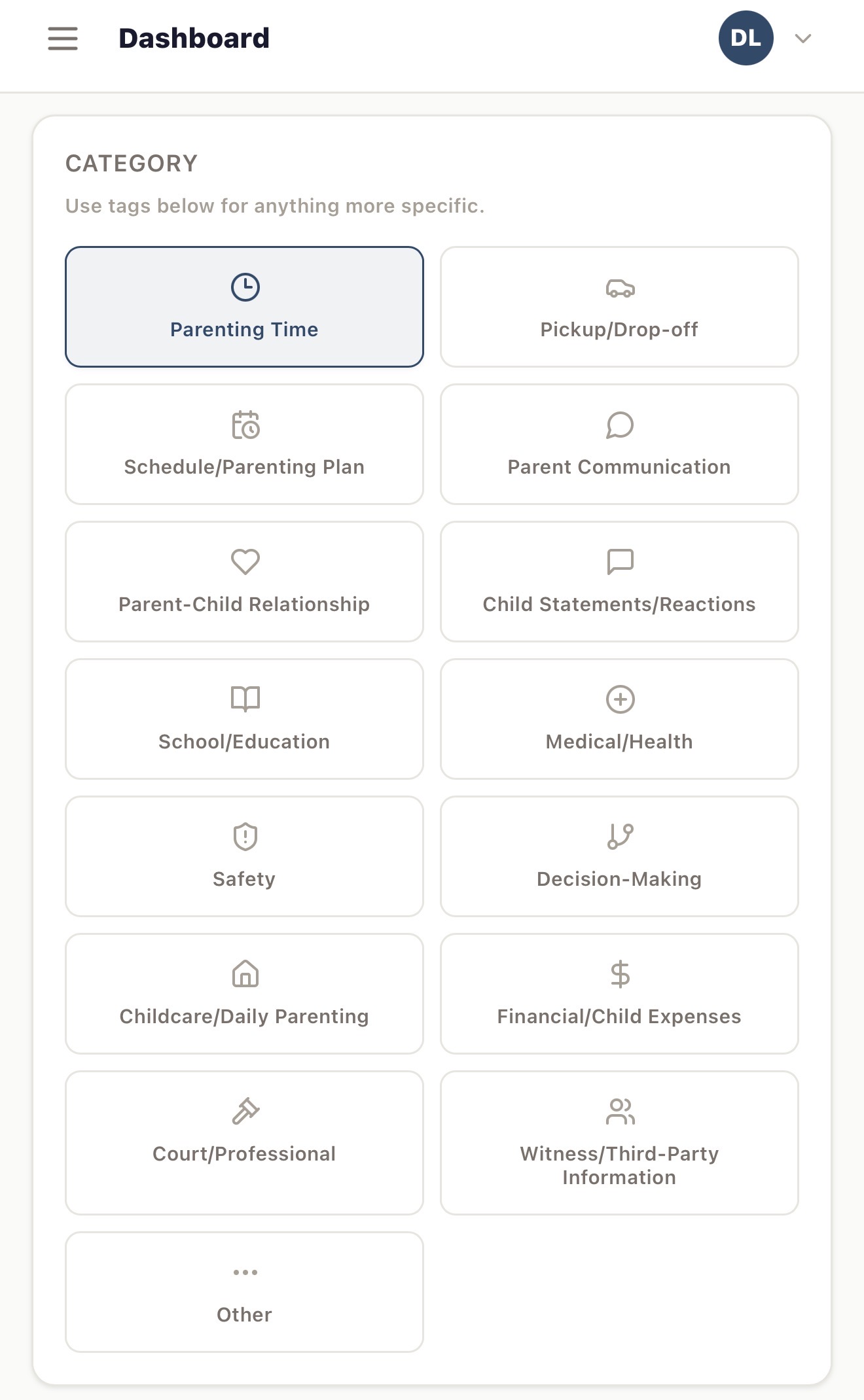 Choosing an event category in the Incident Log